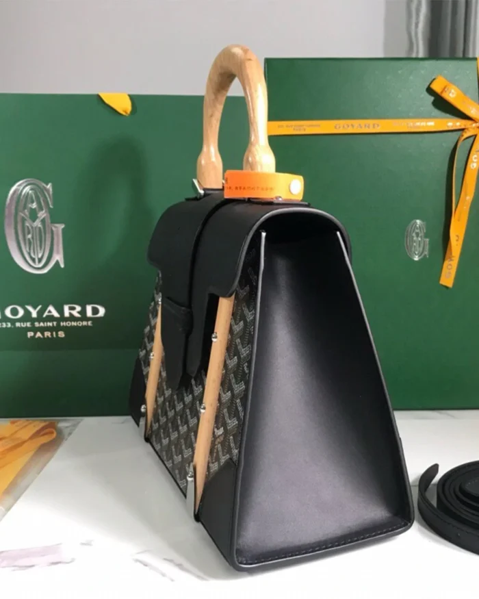REBCE Goyard Black Goyardine Coated Canvas and Leather PM Saigon Top Handle Bag