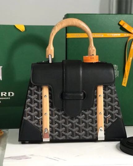 REBCE Goyard Black Goyardine Coated Canvas and Leather PM Saigon Top Handle Bag
